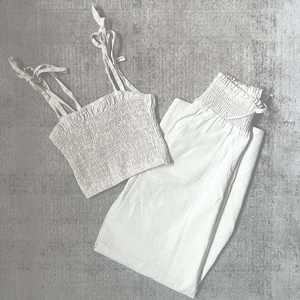 KRISA Smocked Top and Wide-leg Pant Set in Cream
